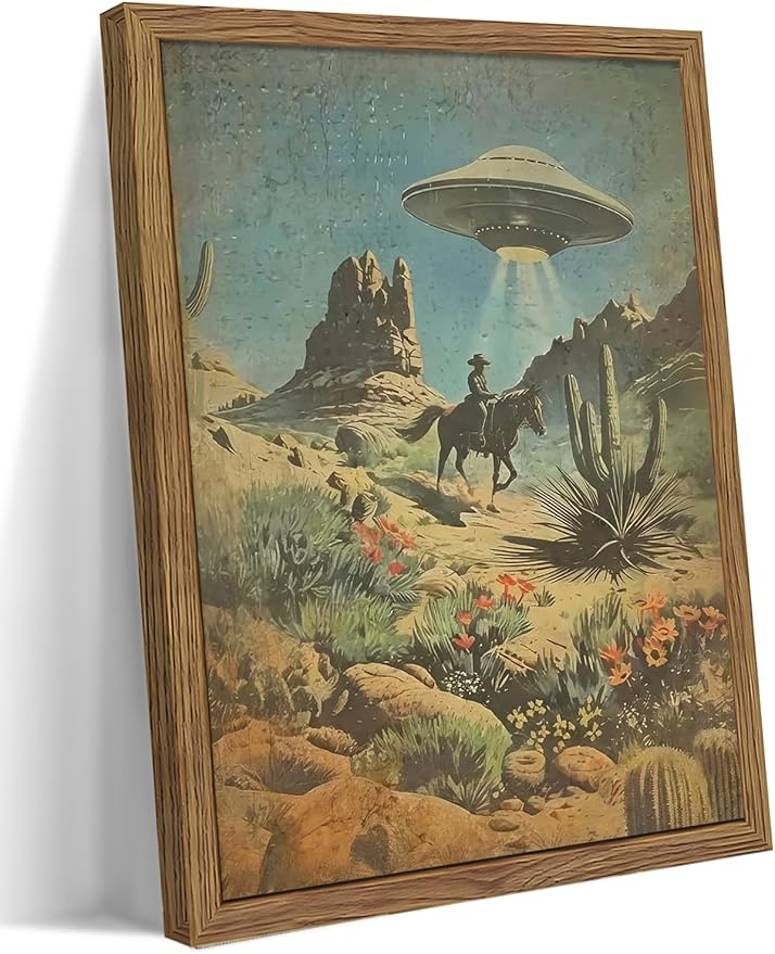 Framed Vintage Intergalactic Western Canvas Wall Art, Alien UFO Abducting Cowboy by MUWAKWallArt