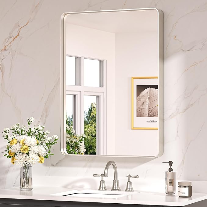 Keonjinn Brushed Nickel Mirror 24 x 32 Inch Silver Bathroom Mirror by Keonjinn
