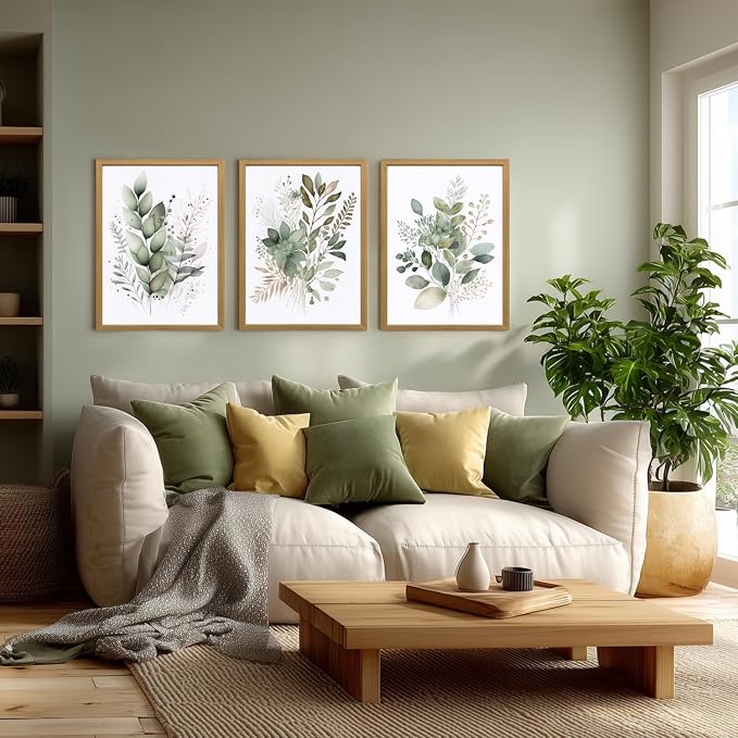 LLEEMPI Sage Green Wall Art Set of 3, Modern Watercolor Botanical Wall Decor - Image 5