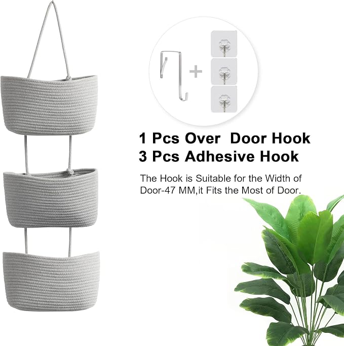 TeoKJ Over the Door Hanging Basket, 3-Tier Woven Cotton Wall-Mounted Storage - Image 3