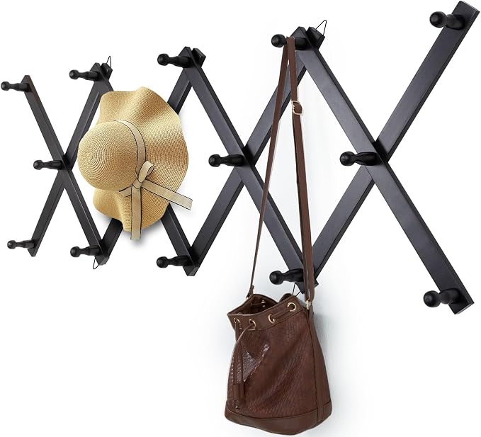 SCUNDA Wall Rack with 14 Hooks, Wooden Wall Expandable Coat Rack by SCUNDAHOME