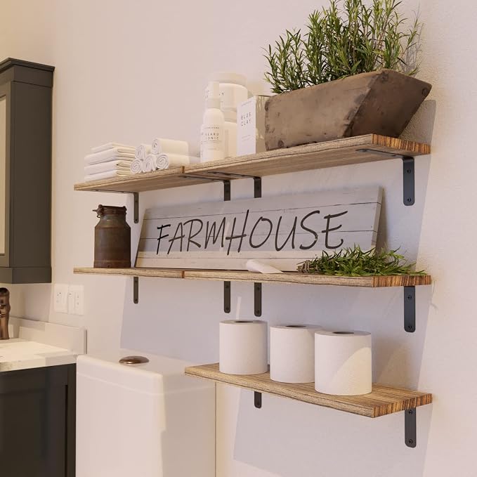 RICHER HOUSE Rustic Wood Shelves Set of 5, Farmhouse Style Floating Shelf - Image 2