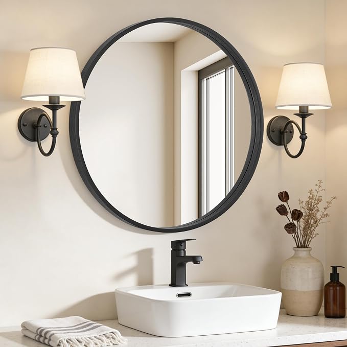 WallBeyond Black Round Mirror Wood Framed 28 inch Circle Wall Mirror - Image 2