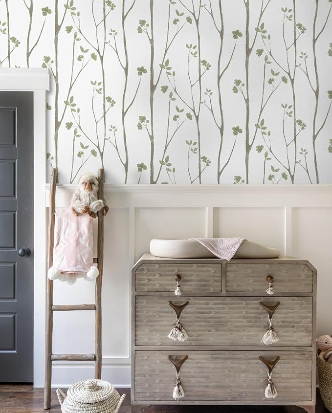 Timeet Peel and Stick Wallpaper Green Leaf Wall Paper Boho Floral Contact Paper - Image 2
