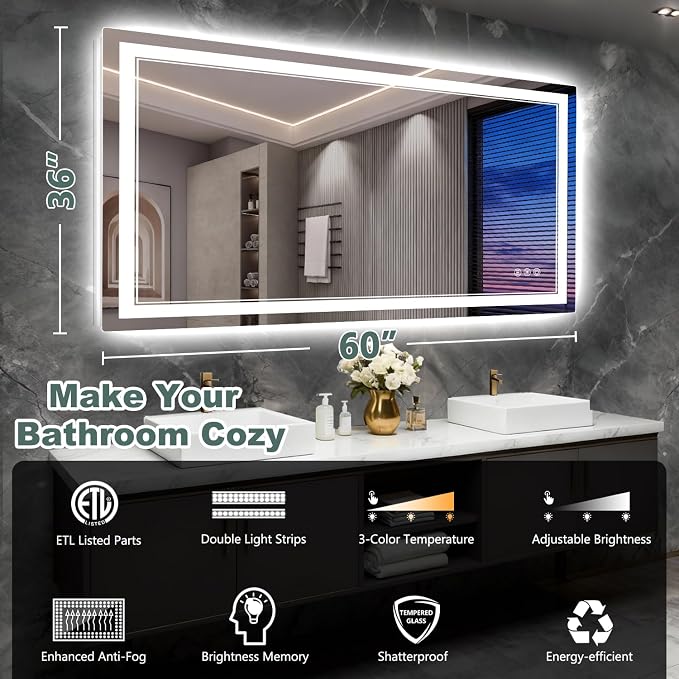 60x36 Inch LED Bathroom Mirror - Image 2