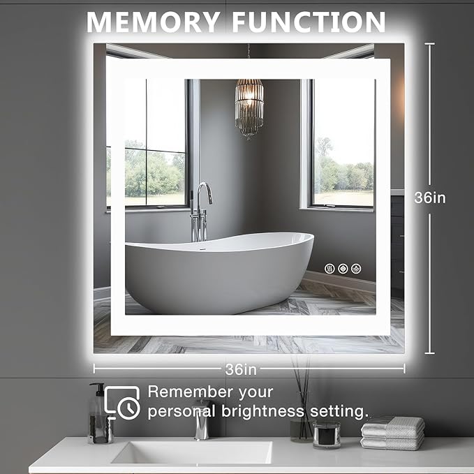 DUMOS 36.1"x36.1" LED Bathroom Mirror, Smart Anti-Fog Bathroom Vanity Mirror - Image 2