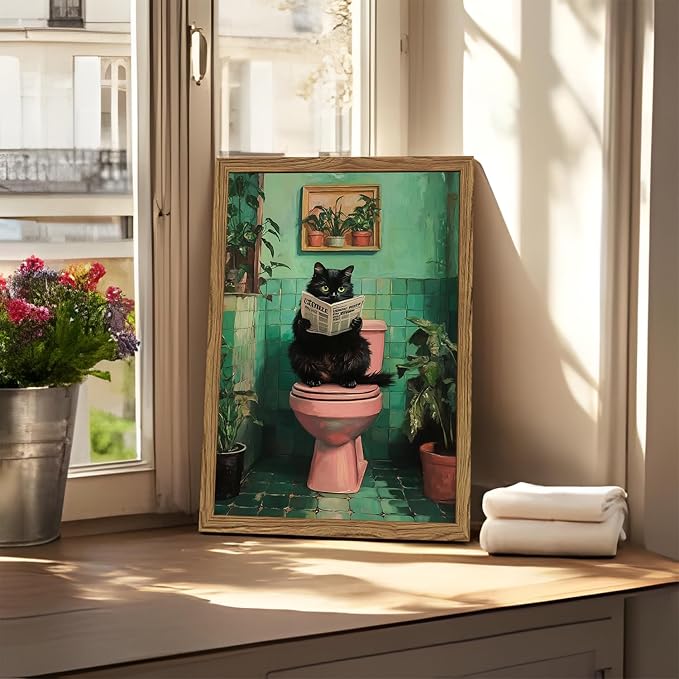 Funny Bathroom Cat Wall Art, Humorous Black Cat Restroom Wall Decor Paintings - Image 3
