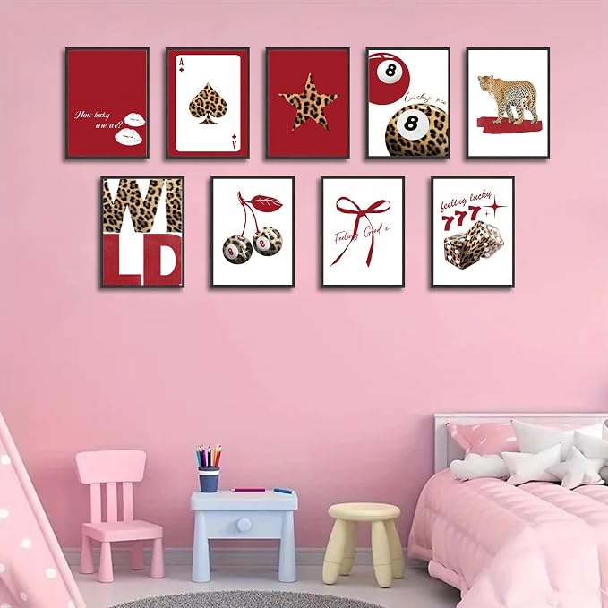 LOARTVE 9Pcs Trendy Red Leopard Wall Art Prints Funky Lucky 8 Ball Posters - Image 5
