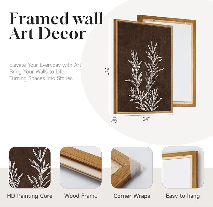 Framed Boho Botanical Wall Art for Living Room, 3 Piece Rustic Floral Canvas - Image 4