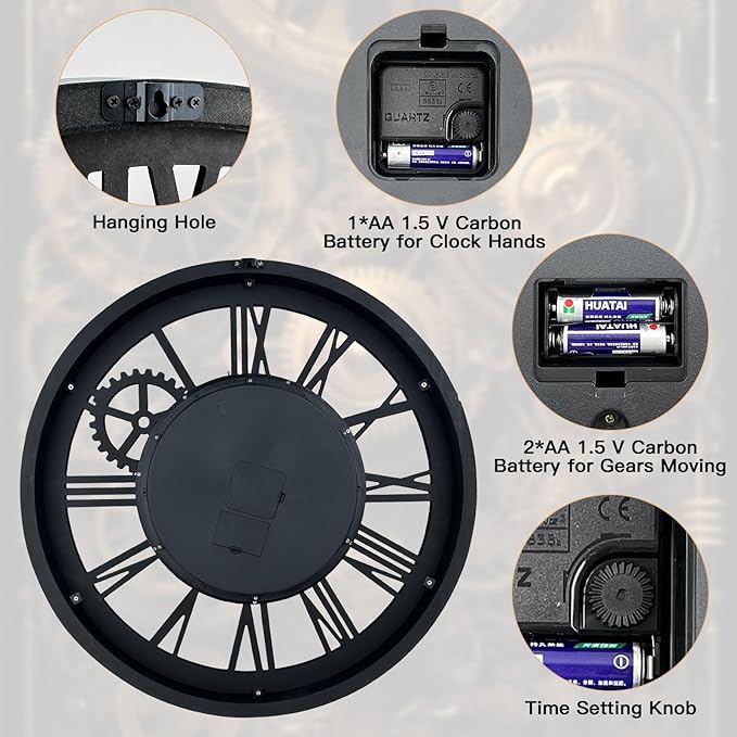 The B-Style Large Wall Clock 24 inch Moving Gear Wall Clock Oversized Vintage - Image 4