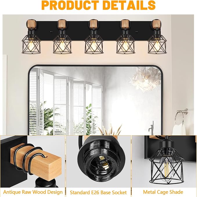 FadimiKoo 5-Light Wooden Black Bathroom Light Fixtures, Rustic Style Vanity - Image 3