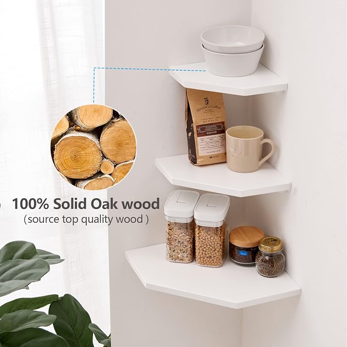 Corner Wall Shelf, Solid Oak Wood White Floating Corner Shelf Organizer - Image 5