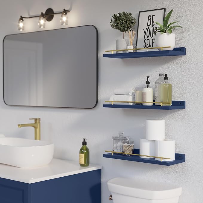 WOPITUES Floating Shelves with Gold Metal Guardrail, Shelves - Image 2