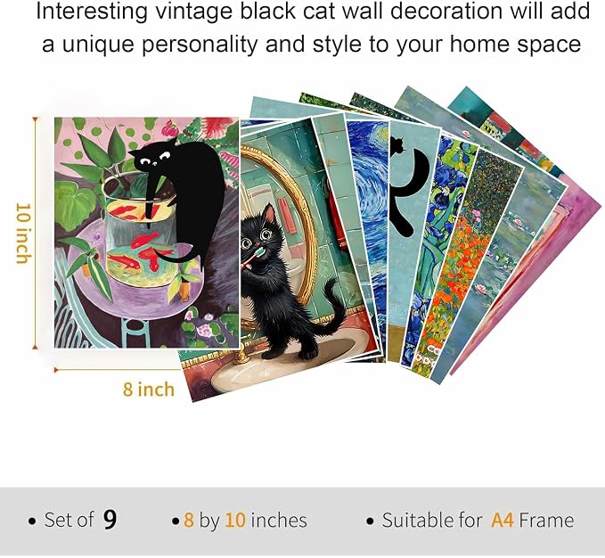9Pcs Funny Black Cat Wall Art Cats in van gogh Famous Paintings Posters Prints - Image 3
