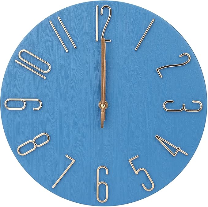 Wall Clock 12 Inch Silent Non-Ticking Imitation Wood Indoor Clock Round Blue by BAKBRAND