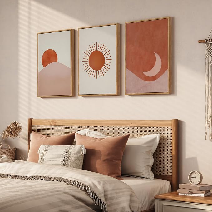 Framed Sun and Moon Boho Wall Art Bedroom, 3 Piece Abstract Minimalist - Image 2