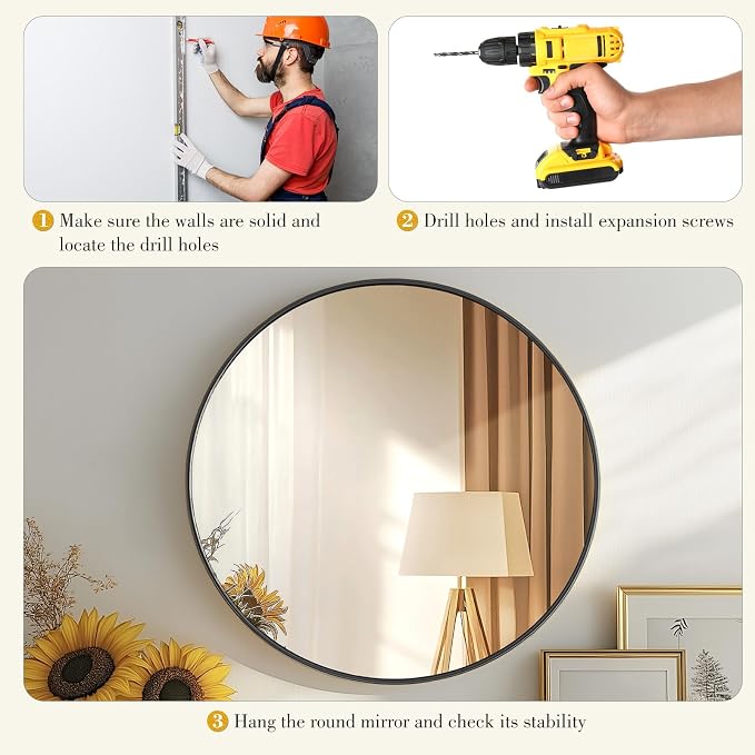 DUMOS Black Circle Mirror for Wall 24.02 inch, Bathroom Round Mirror for Over - Image 6