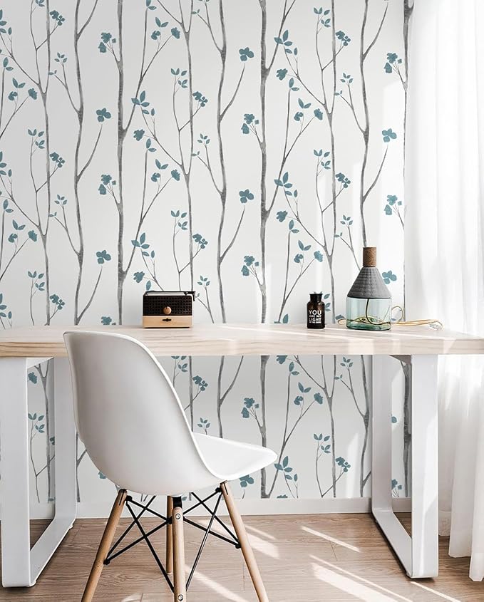 Timeet Peel and Stick Wallpaper White and Blue Floral Wallpaper Boho Leaf - Image 6