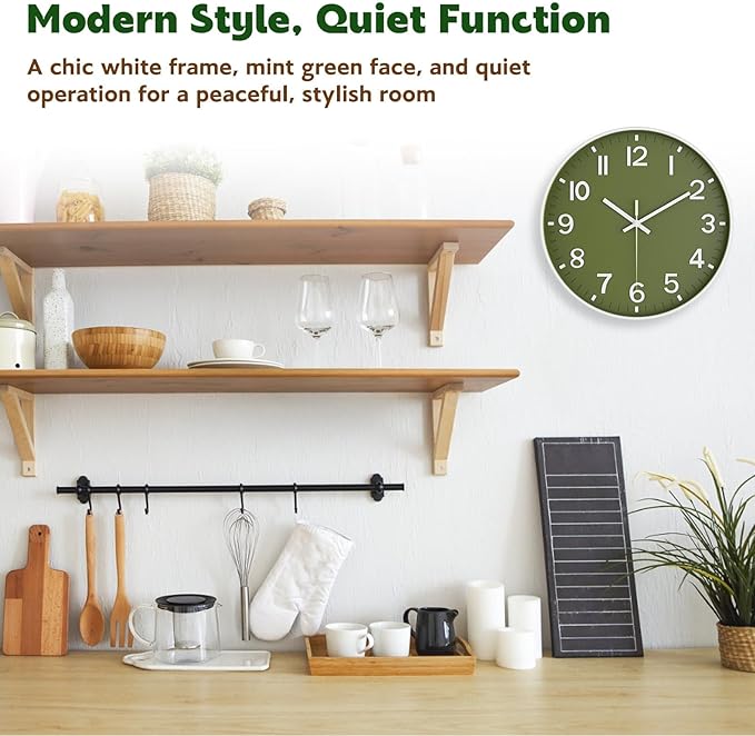 Silent Wall Clock Non-Ticking Battery Operated – Modern Olive Green Analog Wall - Image 2