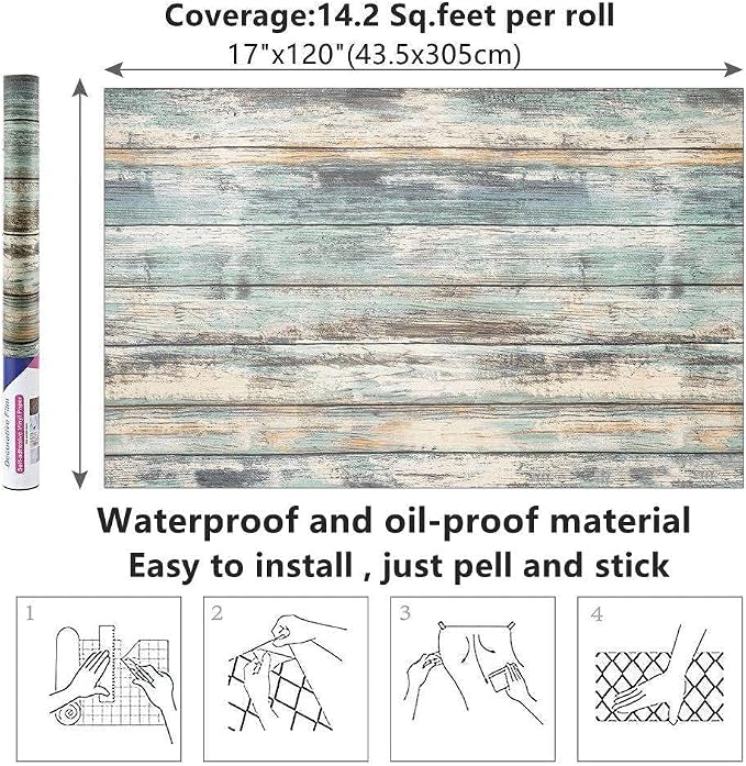 Arthome 17''x120'' Blue Rustic Wood Paper Self-Adhesive Removable Peel and - Image 7
