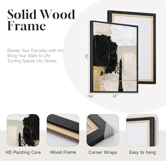 Framed Black White and Gold Abstract Wall Art - Image 4