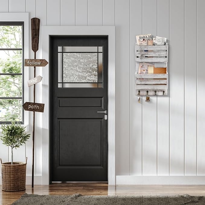 Mail Organizer Wall Mount with 4 Key Hooks, Rustic Wooden Hanging Mail Sorter - Image 7