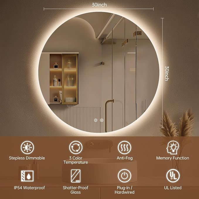 LOVESPEJO 30 Inch Round Backlit Bathroom Mirror - Image 8