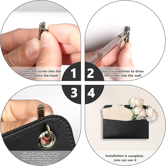 3 PCS Wall Mount PU Leather Mail Holder Black Faux Leather Letter Holder 2 Ring - Image 7