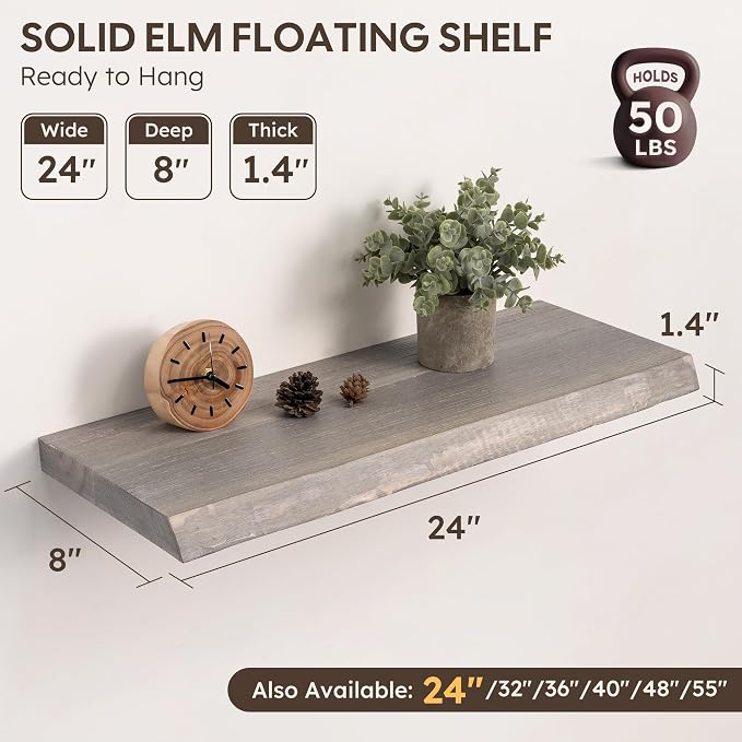 Live Edge Floating Shelves Set of 2, 24 Inch Solid Elm Wood Wall Shelves - Image 3