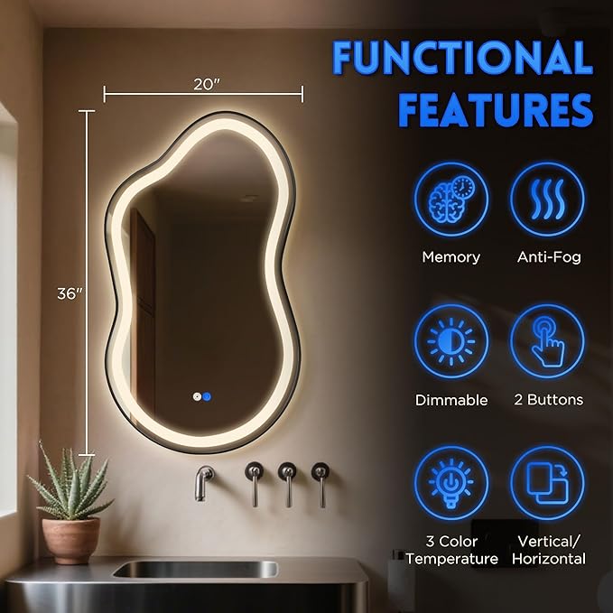 Dorlicecass Irregular Led Bathroom Mirror- Black 20"x36" Single Piece Vanity - Image 5