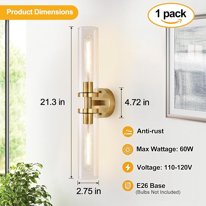 Indoi Brushed Gold Wall Sconces, Hardwired Bathroom Sconces Wall Lighting - Image 4