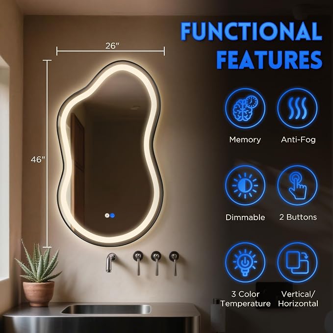 Dorlicecass Irregular Led Bathroom Mirror- Black 26"x46" Single Piece Vanity - Image 5