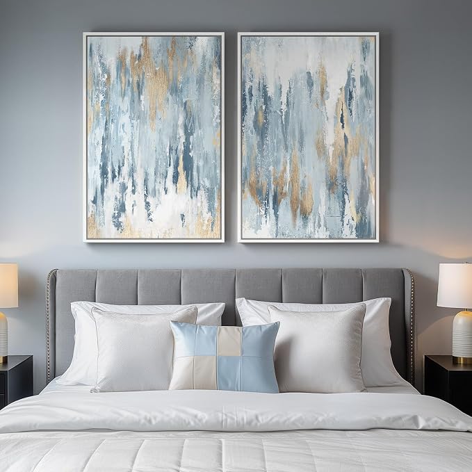 Large White Framed Blue and Gold Abstract Canvas Wall Art, 2 Piece Modern - Image 4