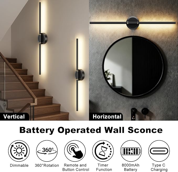 Battery Operated Wall Sconces Set of 2, Dimmable 8000mAh Rechargeable Wall - Image 2