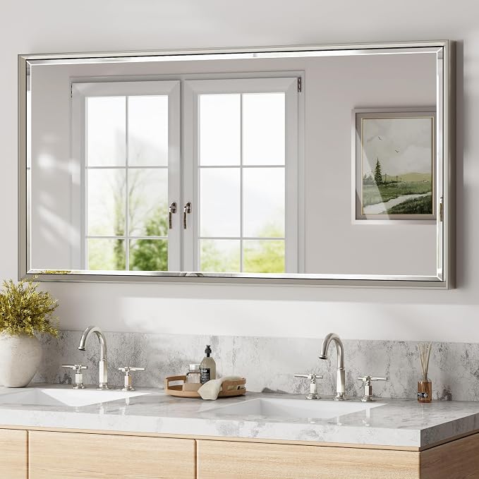 48 x 24 Brushed Nickel Bathroom Mirror, Beveled Framed Rectangle, Shatterproof by QUEENFUN