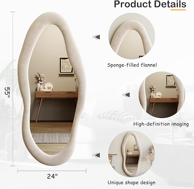 Honyee 55" x 24" Wall Mirror, Flannel Wrapped Wooden Frame Wavy Mirror - Image 5
