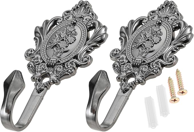 2Pcs Wall Hooks Black Pattern Carved Vintage Drapery Clothes Key Hook Bathroom - Image 2