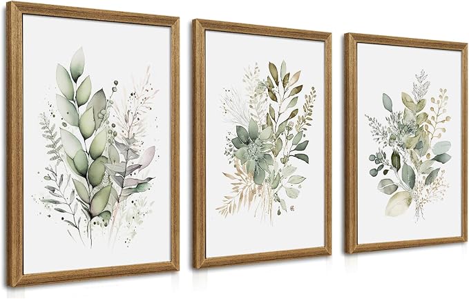 WRFON Framed Sage Green Botanical Wall Art Set of 3, Watercolor Eucalyptus & by Unknown