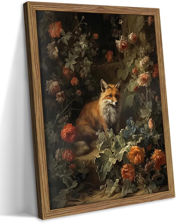Framed Dark Academia Fox Canvas Wall Art, Sitting Fox Surrounded by Flowers by MUWAKWallArt