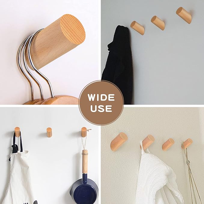 Felidio Wood Wall Hooks, 6 Pack Natural Wooden Coat Hooks Wall-Mounted - Image 4