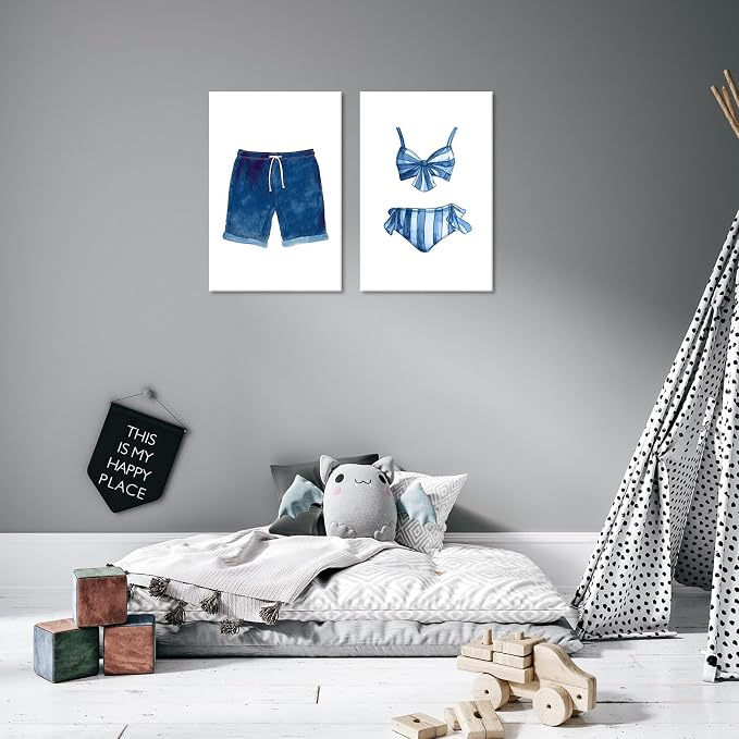 Liyark Set of 2 Retro Navy Blue And White Swimsuit Art Posters Beach Bathing - Image 7