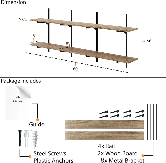 Wallniture Turin 60 Inch Long Adjustable Wall Shelf, Hanging Shelves - Image 3