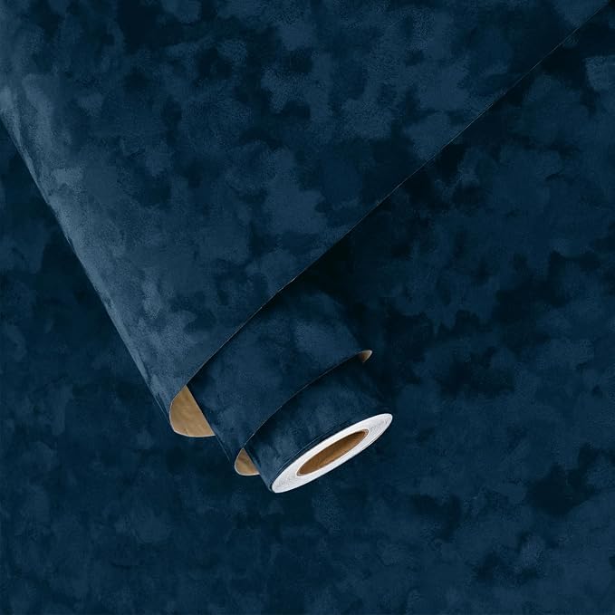 Wallercity Blue Velvet Fabric Wallpaper Peel and Stick Floral Blue Flocking by Wallercity