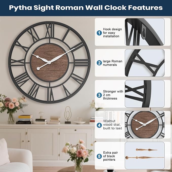 Pytha Sight 24 Inch Large Oversized Farmhouse Modern Decorative Wall Clock - Image 2