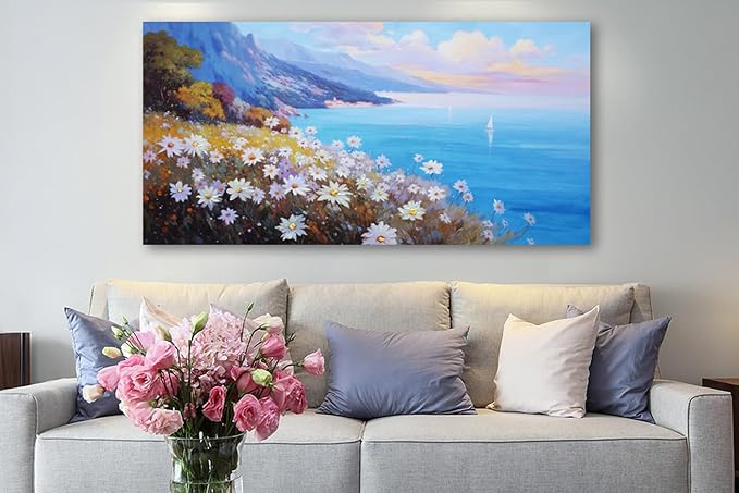 Anolyfi Coastal Landscape Wall Art Nature Flower Mountain Canvas Painting Blue - Image 5