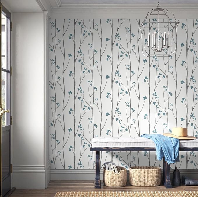 Timeet Peel and Stick Wallpaper White and Blue Floral Wallpaper Boho Leaf - Image 8