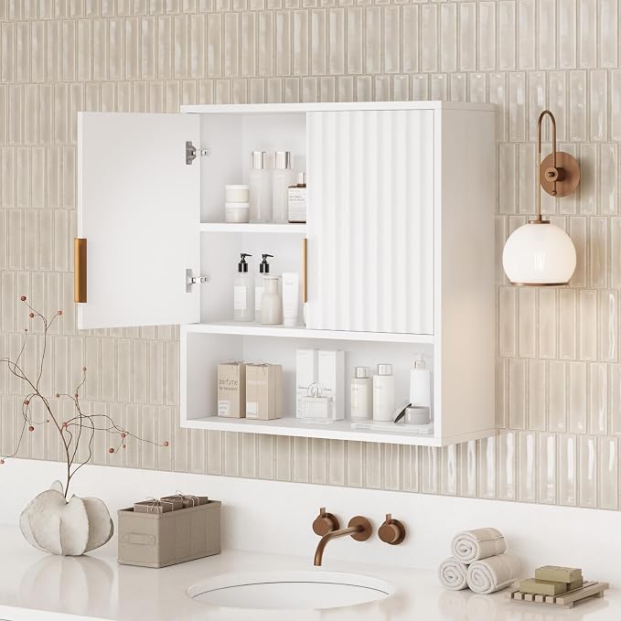 VINGLI White Bathroom Wall Cabinet, Modern Fluted Medicine Cabinet - Image 7