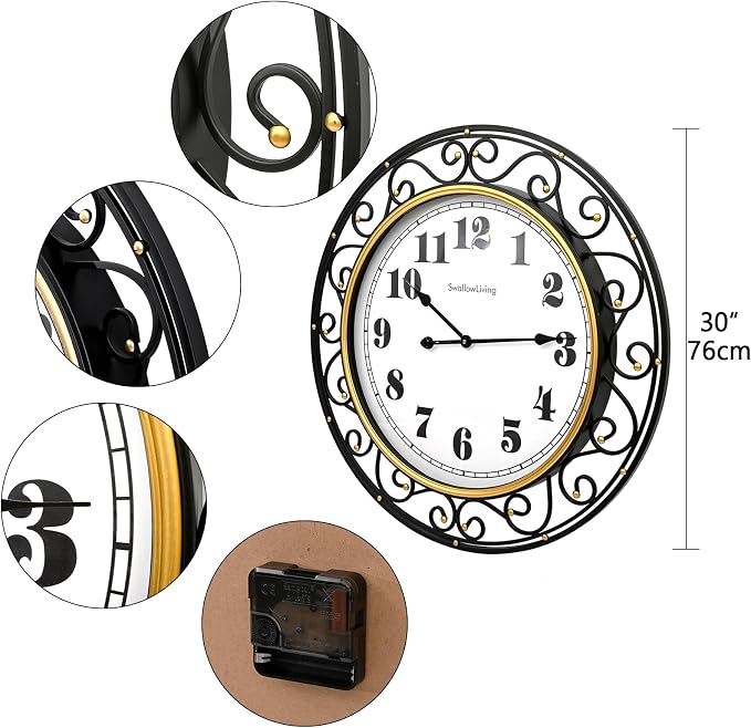 SwallowLiving 30 Inch Vintage Iron Large Black Metal Frame Wall Clock Silent - Image 3