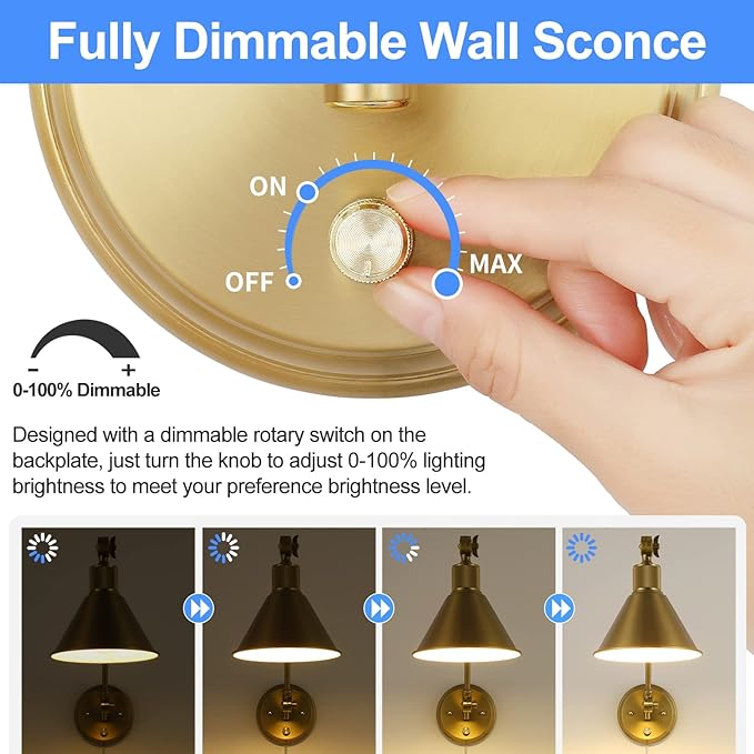 TRLIFE Wall Sconces Plug in, Dimmable Wall Sconces Brushed Brass Swing Arm Wall - Image 3