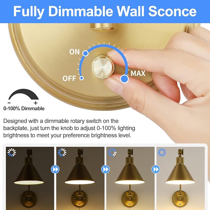 TRLIFE Wall Sconce Plug in, Brushed Brass Dimmable Wall Sconce Swing Arm Wall - Image 2